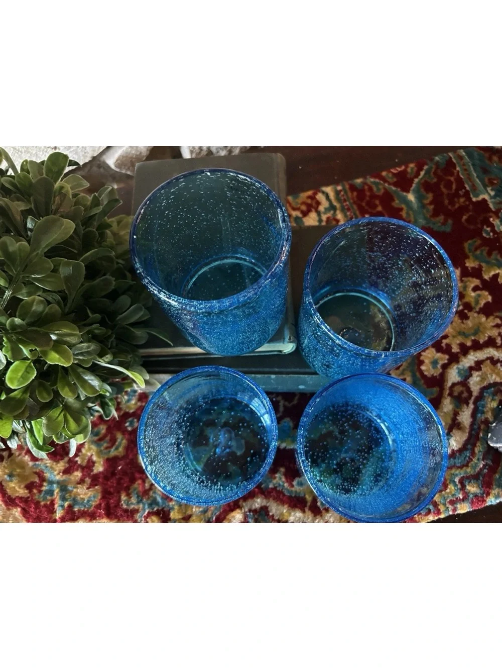 4 ARTLAND Iris Turquoise Double Old-Fashioned Glasses Seeded Bubbles Handcrafted